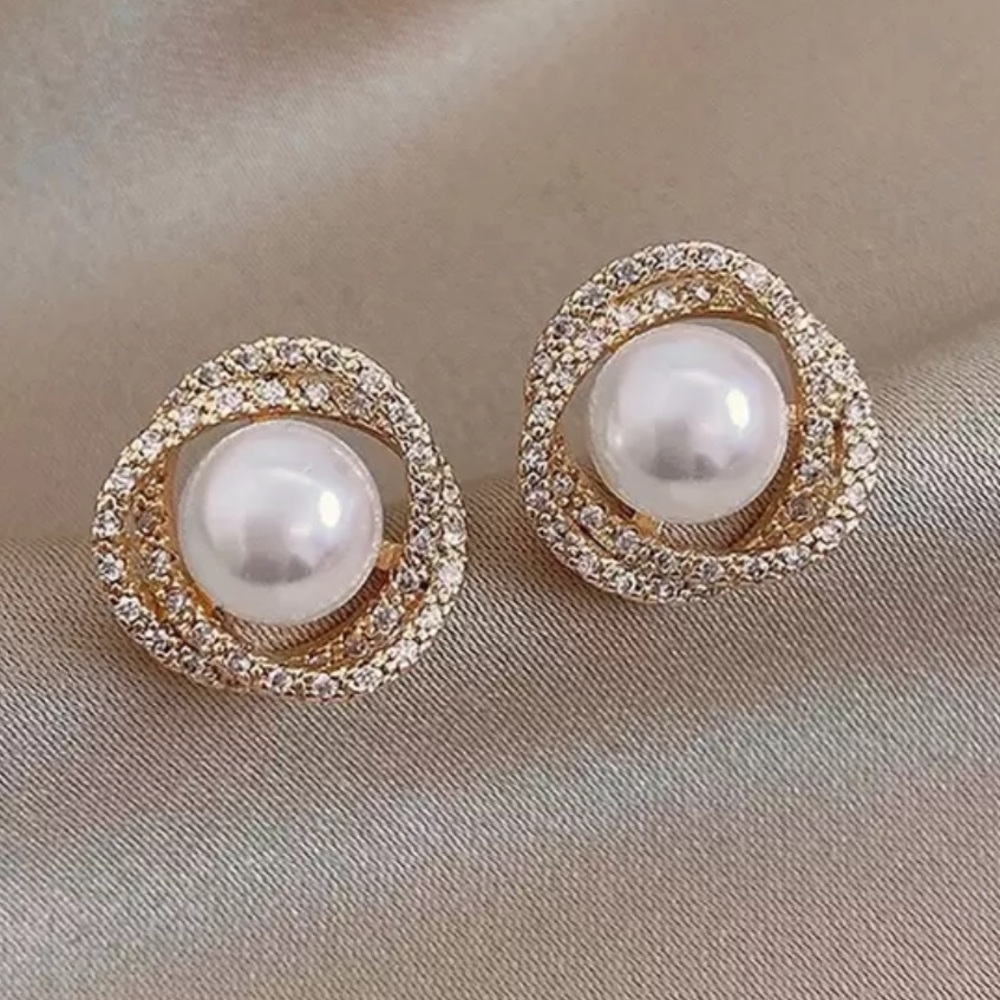 Elegant Gold and White Pearl Stud Earrings faux diamonds 
New